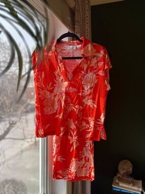 Cynthia Rowley Red and Pink 100% Linen Floral Two-Piece Set Size M